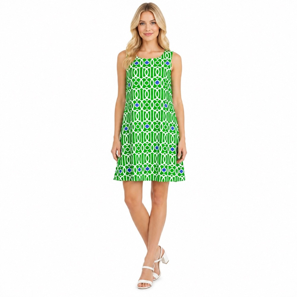 Jude Connally Beth Dress Garden Gate Geo Green Sleeveless‎ Shift Preppy XS
